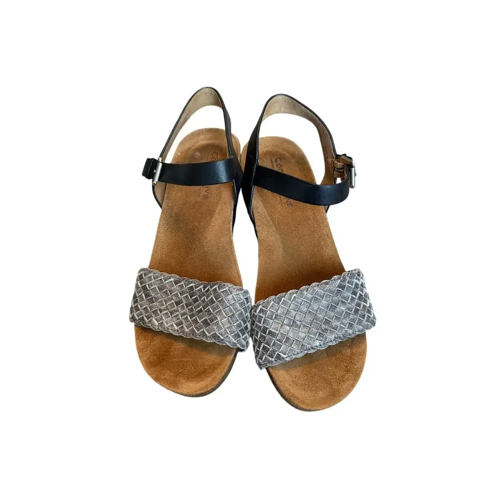 Comfortiva Eshana Wedge Sandals Gray Woven Leather Black Ankle Strap Size 7.5